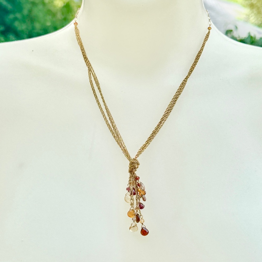 Vintage Gold Tone Knotted Tassel Necklace with Multicolor Gem Stone Accents